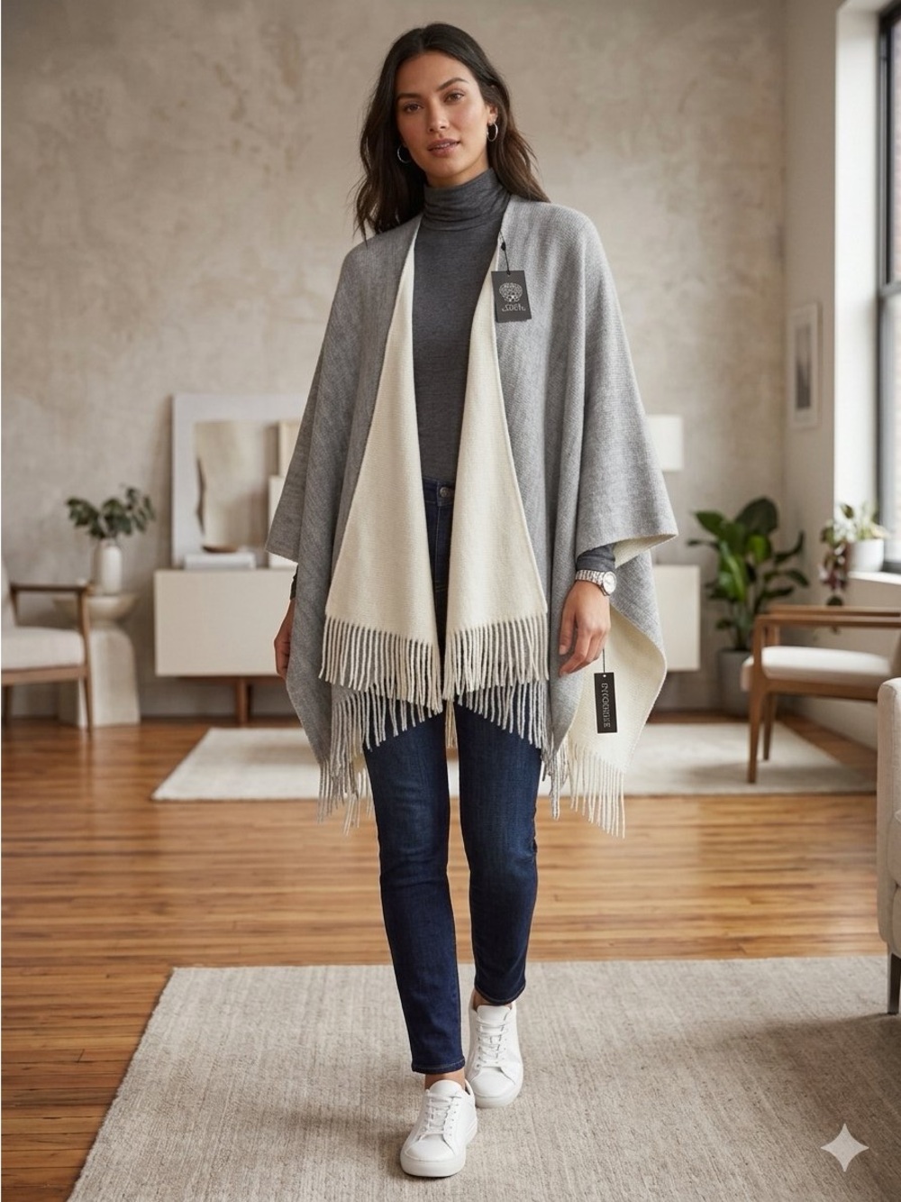 Vince Camuto Reversible Knit Gray Cardigan Wrap Cape O/S NWT